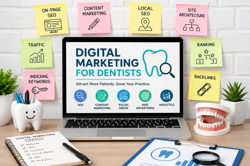 Digital Marketing for Dentists "A modern workspace featuring a laptop displaying digital marketing for dentists, surrounded by sticky notes labeled SEO, content marketing, local SEO, backlinks, traffic, ranking, and website architecture, along with dental-themed desk accessories."
These alt texts naturally include the primary keyword "digital marketing for dentists" while accurately describing the image for both SEO and accessibility.